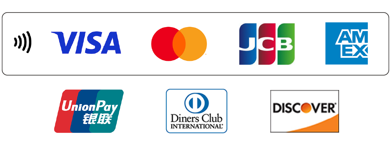 VISA, MasterCard, JCB, American Express, UnionPay, Dinners Club, DISCOVER
